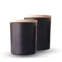 Customized Luxury Empty Matte Black Glass Candle Jars for Candle Making with wooden bamboo lid